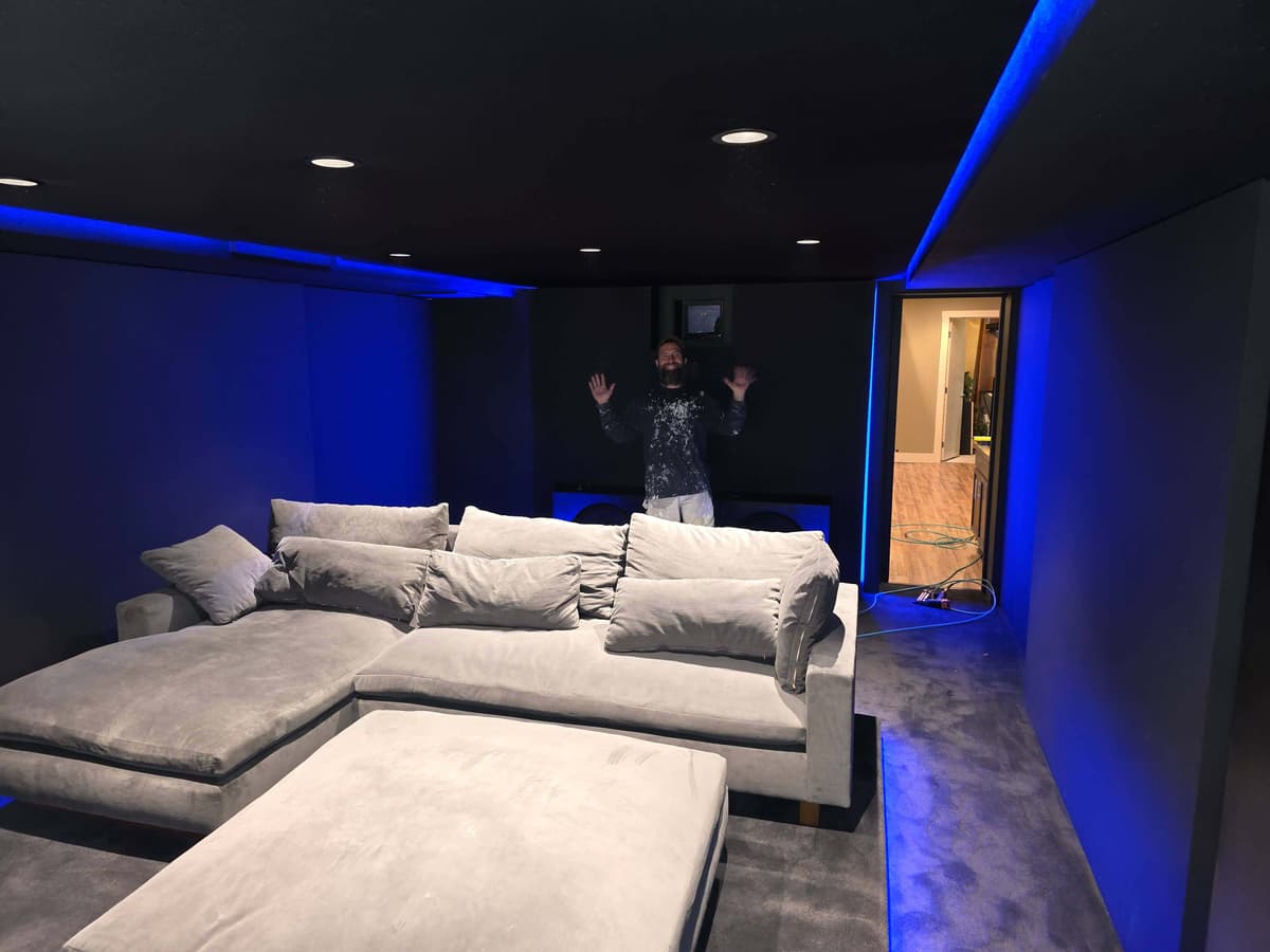 Home theater lighting with dimmers and warm ambiance