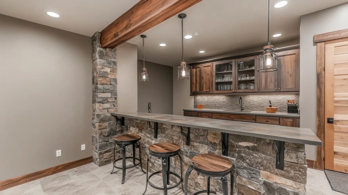 Basement wet bar with tile backsplash and adjacent bath